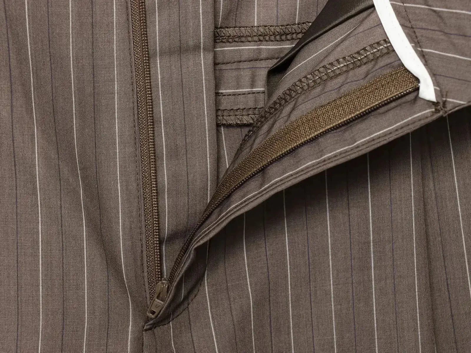 KONDALA brown pinstriped blazer with front zipper detail for office wear.