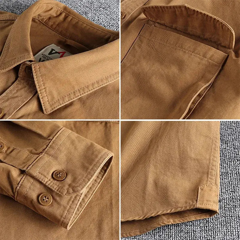 Khaki men's work shirt with retro wash, loose fit and three-dimensional pocket