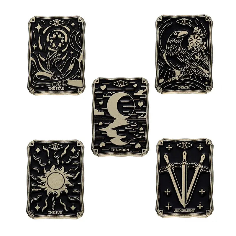 Enamel Pins Set Three To Five Pieces Tarot Cards Night Sky Black Cat Brooch Lapel Pin Punk Gothic Jewelry Gift