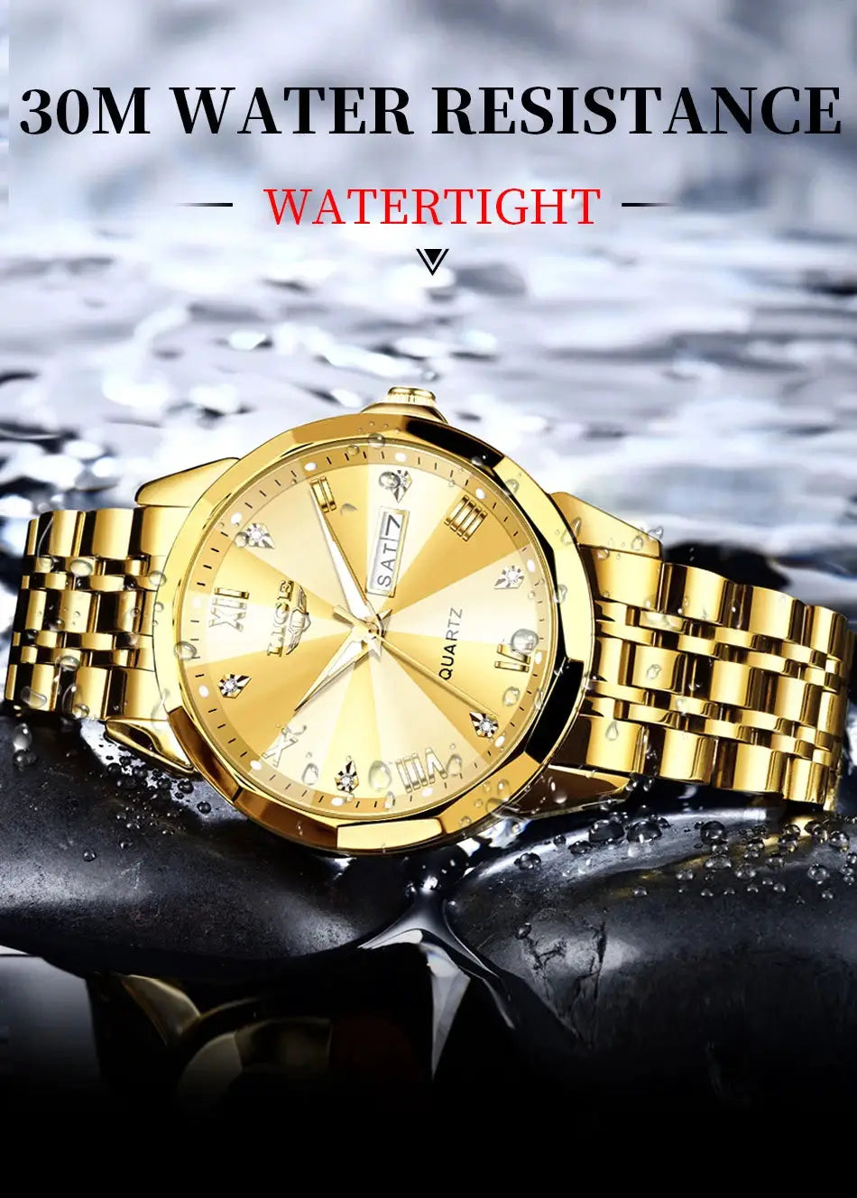 LIGE women's gold-tone luxury quartz watch with metal bracelet; 30m water resistant