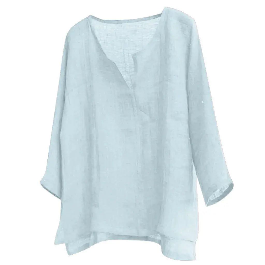 Light blue men's loose long-sleeve V-neck shirt, solid casual top.
