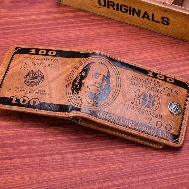 Men's brown genuine leather slim bifold wallet with RFID blocking and money-print US bill design