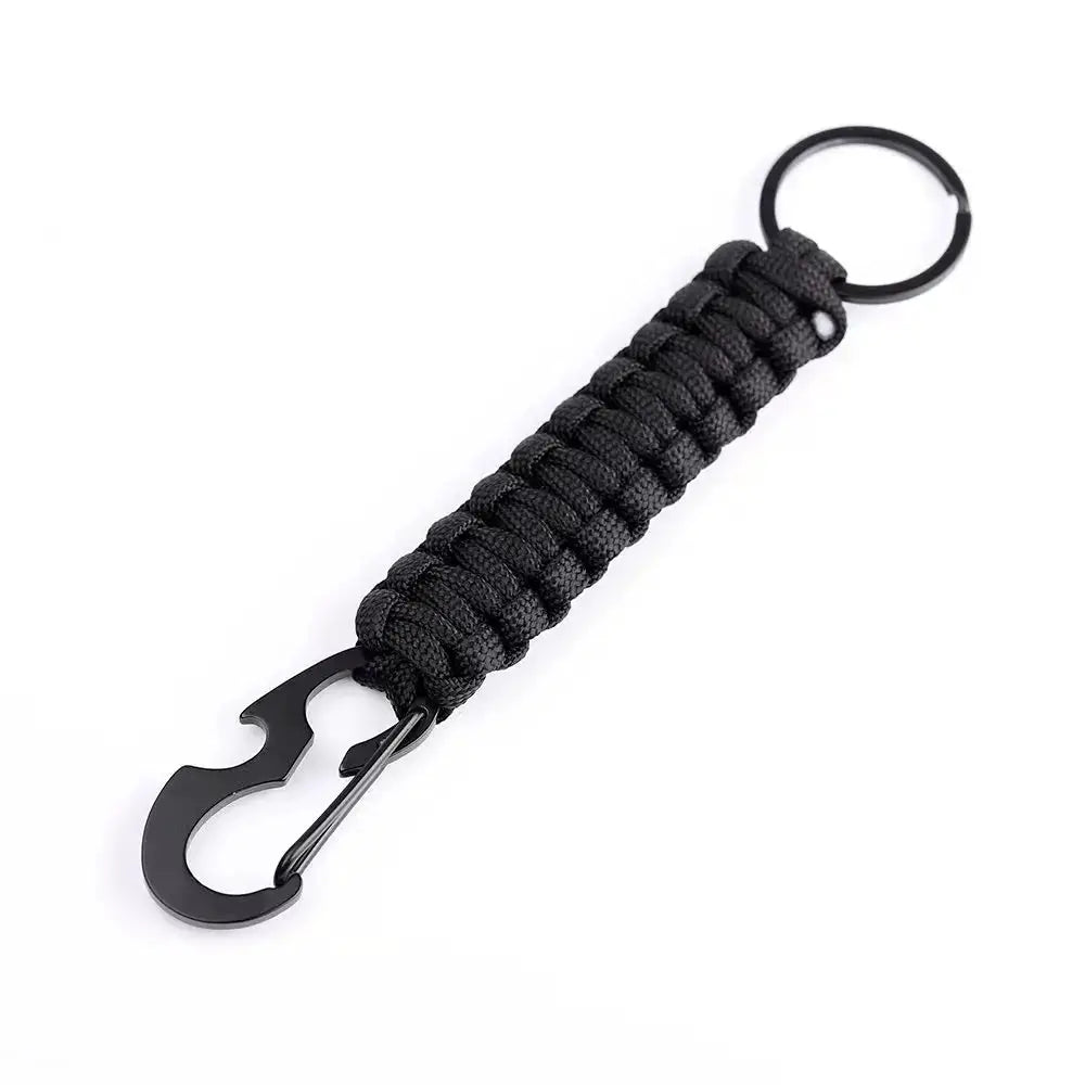 Paracord keychain with black braided cord, bottle opener and metal carabiner.
