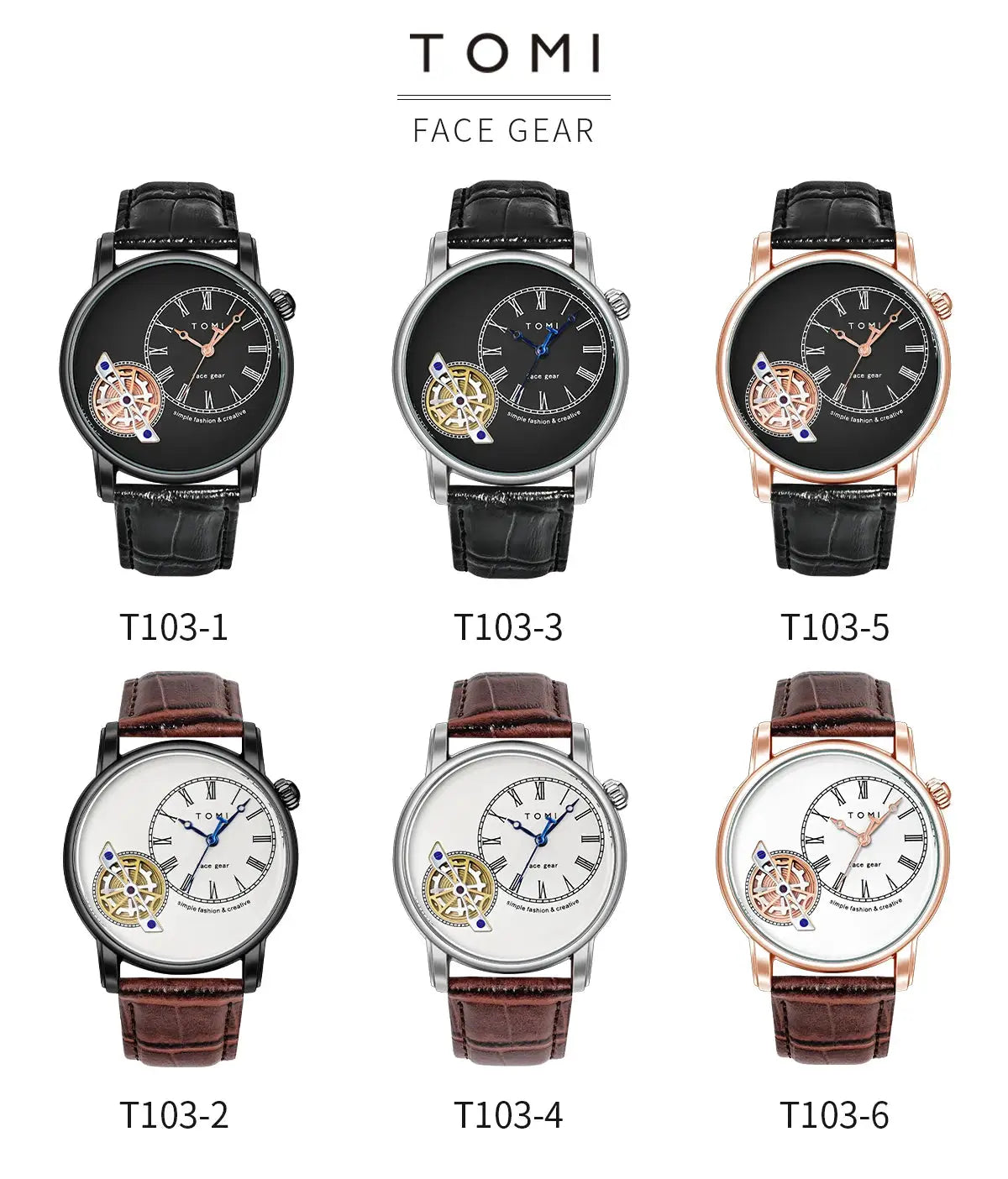 TOMI men's quartz watch set with six styles; black, silver, and rose-gold cases on leather straps.