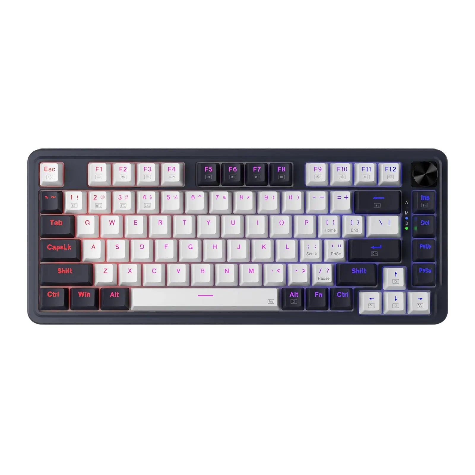 Redragon K673 PRO 75% wireless gasket RGB gaming keyboard with white and black keycaps and a rotary knob