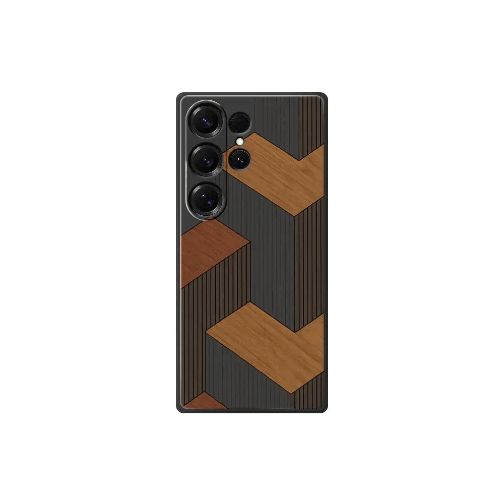 Geometric wood-pattern phone case for Samsung Galaxy S26 Ultra; black silicone back with brown wood accents