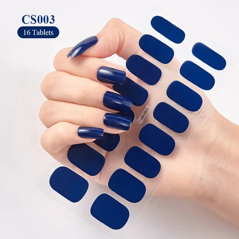 Nail sticker sheet with blue gradient full-cover decals; 16 self-adhesive press-on decals.