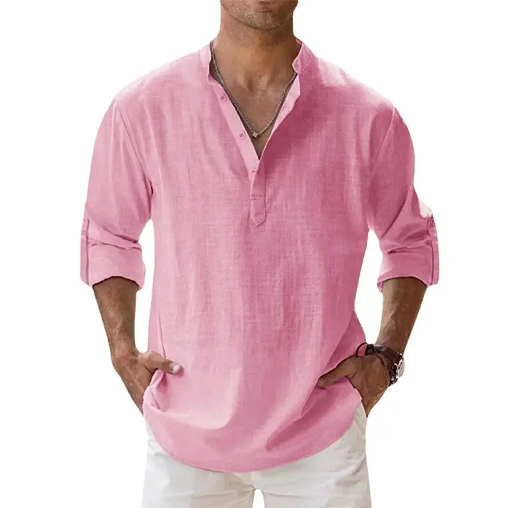 Men's Cotton Linen Blend Short Sleeve Henley Shirt For Summer Casual Beach Vacation