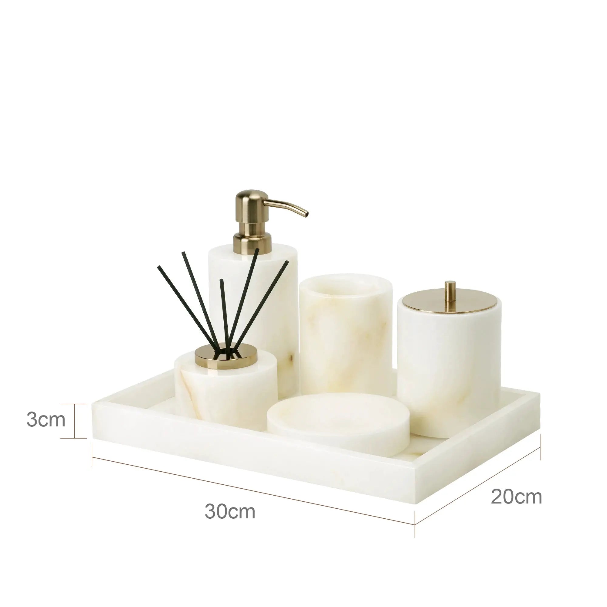 White onyx marble bathroom accessories set by Simples Market, 3-piece with brass soap dispenser, tissue box, vanity tray.