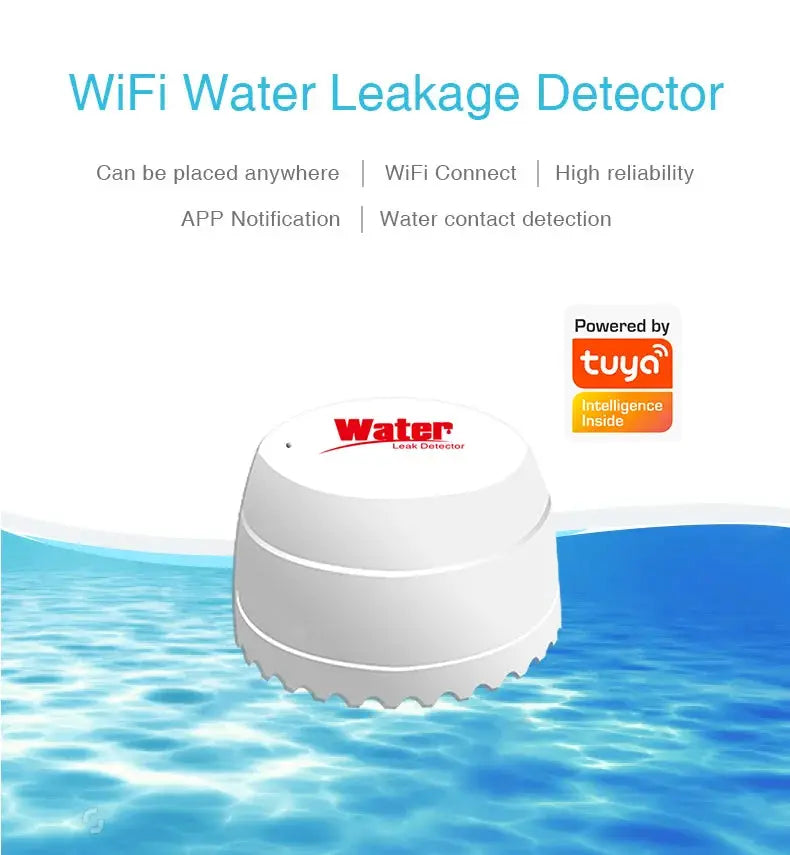 Tuya WiFi Water Leak Detector, white flood sensor with Smart Life app compatibility