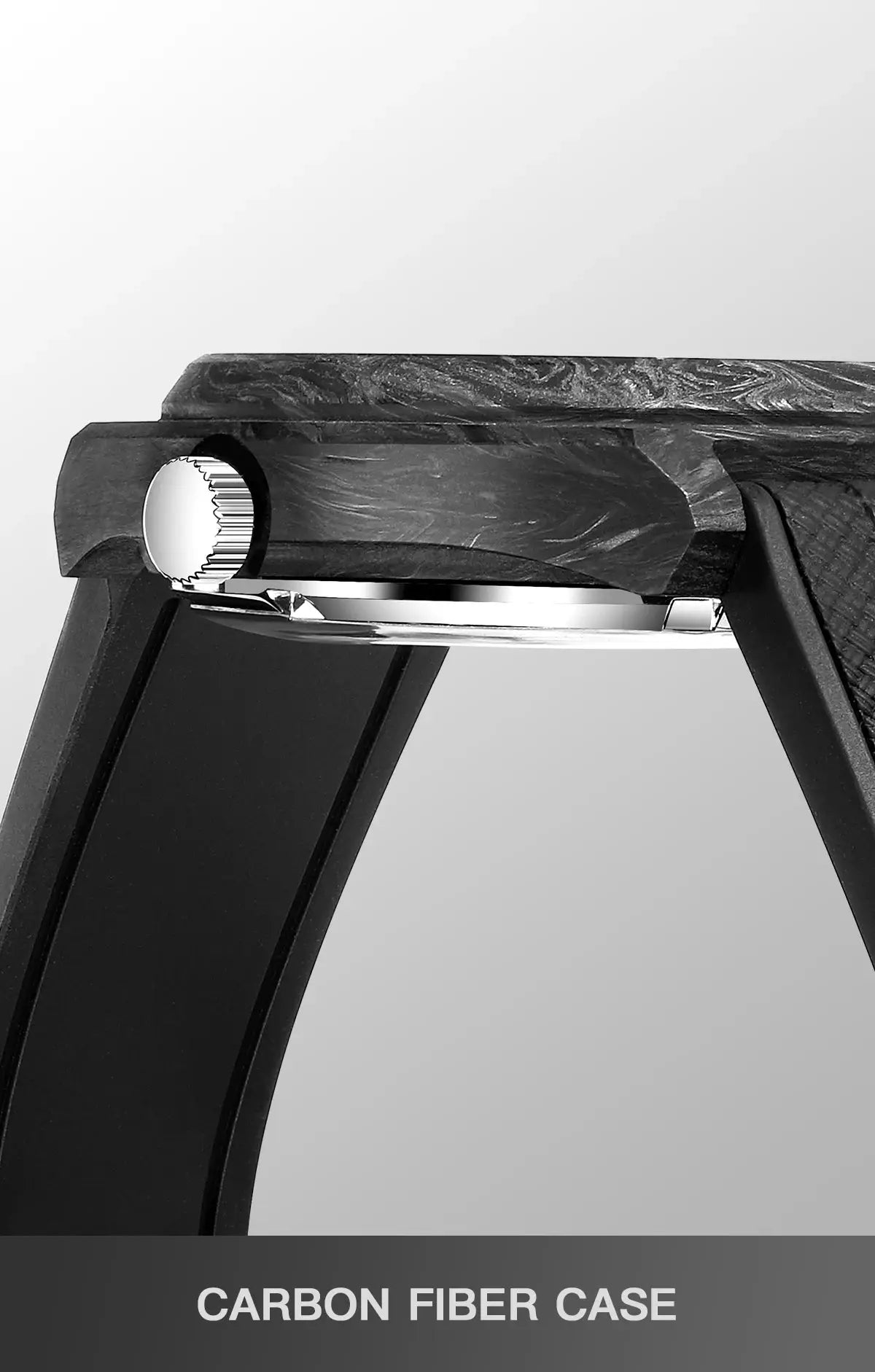 Carbon fiber case wristwatch with silver crown and black strap visible