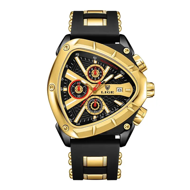 LIGE men's luxury wristwatch with gold-tone case, black strap, chronograph dials, and box.