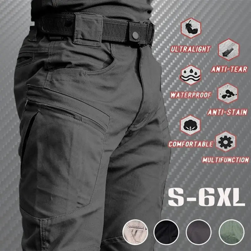 Simples Market men's tactical cargo pants in charcoal gray; quick-dry, waterproof, multi-pocket design, sizes S-6XL