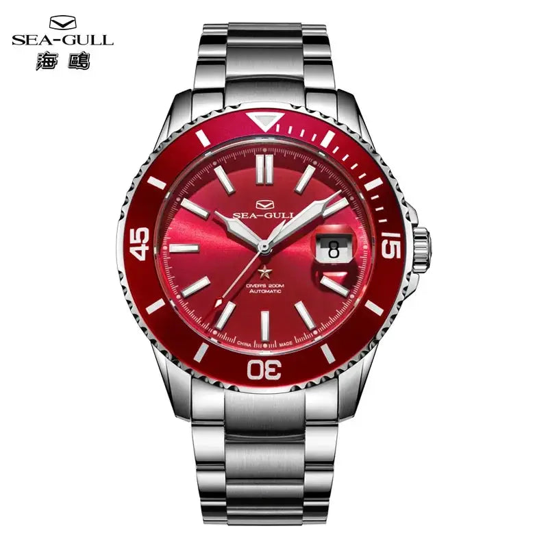 Sea-Gull diving men's watch with red dial and stainless steel bracelet