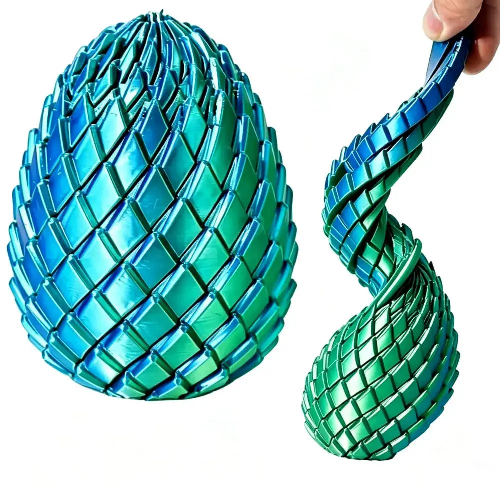 3D-printed dragon egg stress relief model with blue-green interlocking scales; deformable twist egg desk ornament