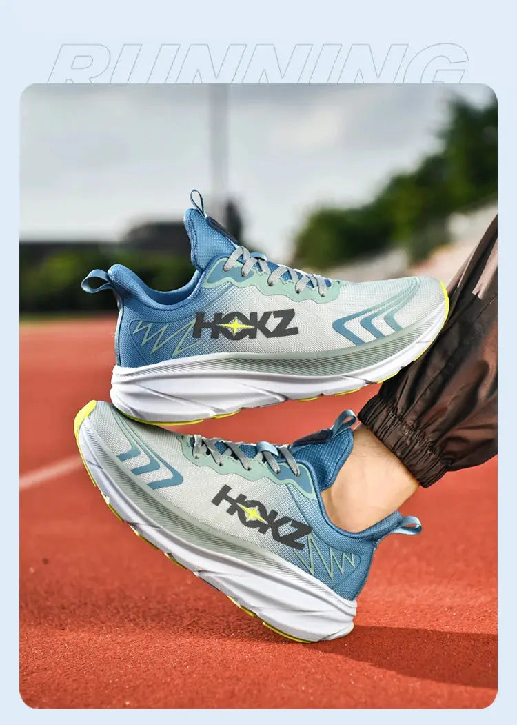 Men's blue mesh running shoes pair with white cushioned midsole and yellow outsole; logo visible.