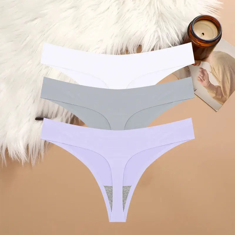 3-piece Simples Market g-string underwear set, breathable seamless low-waist thongs in white, gray, lavender