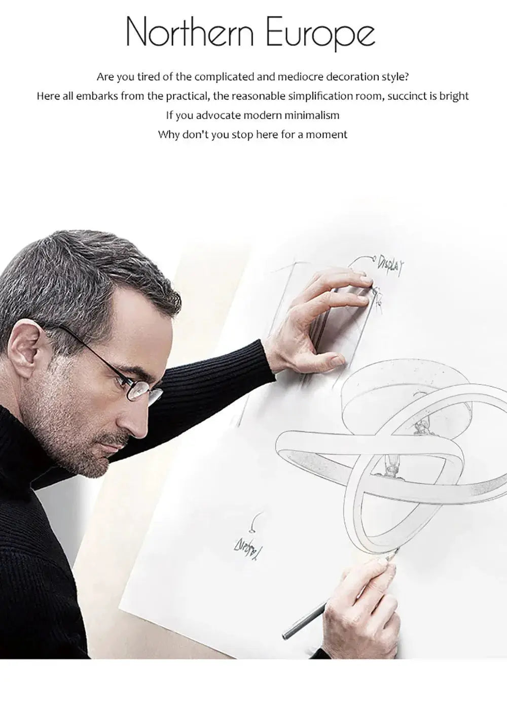 LED strip ceiling lights, modern minimalist living room fixtures, designer sketch on whiteboard