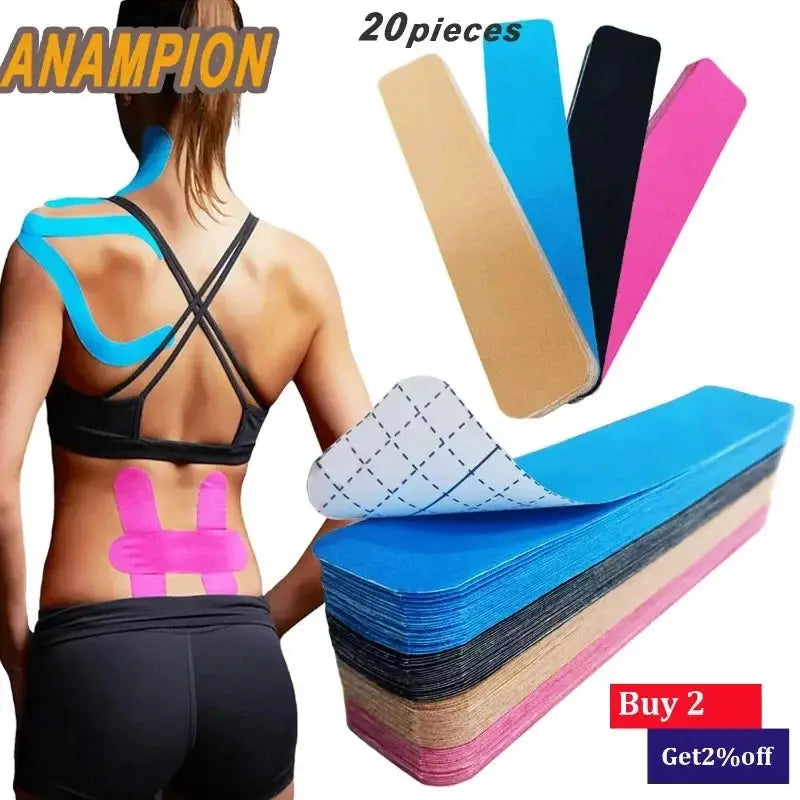 Kinesiology tape Pro Athletic Sports by Simples Market; 20 precut waterproof strips in assorted colors.
