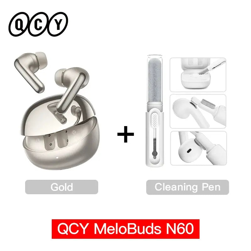 QCY MeloBuds N60 gold wireless earbuds with cleaning pen kit