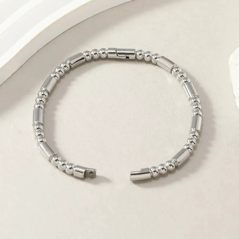 ZAKOL waterproof stainless steel cuff bracelet for women, silver beaded smooth metal bangles, openable
