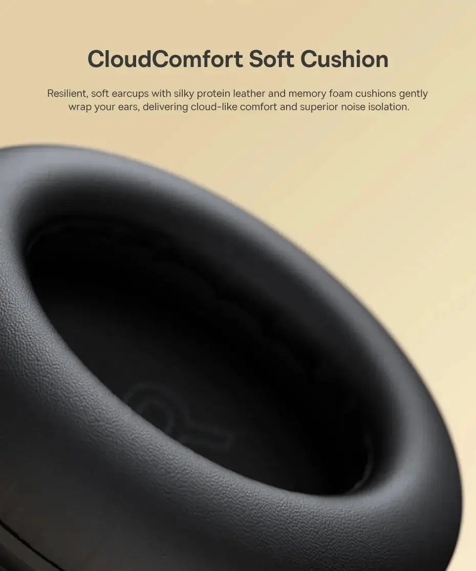 Baseus Bowie MH1 over-ear headphones cushion close-up, black soft CloudComfort padding