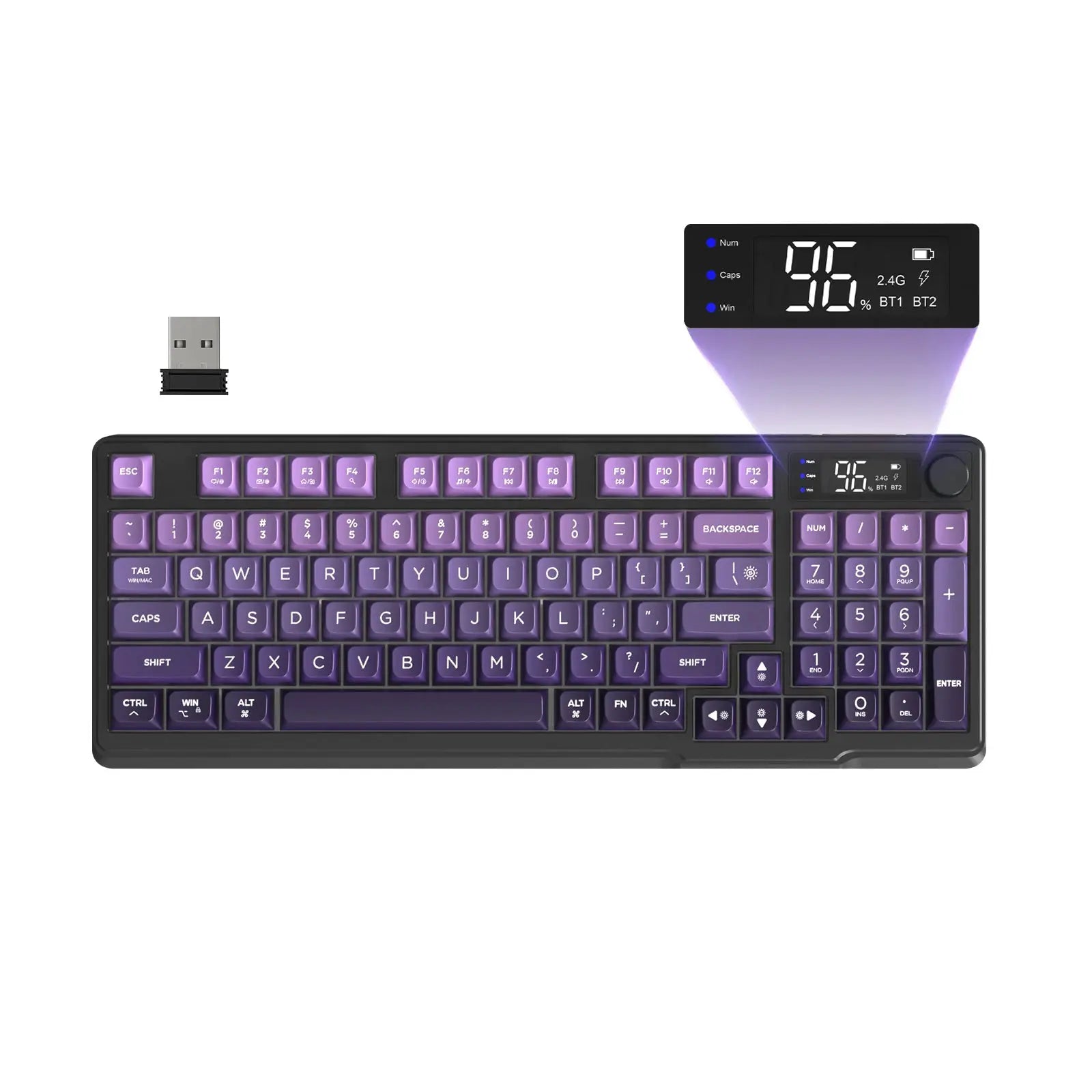 ZIYOU LANG wireless gaming keyboard with display screen & knob, purple backlit keys, Simples Market