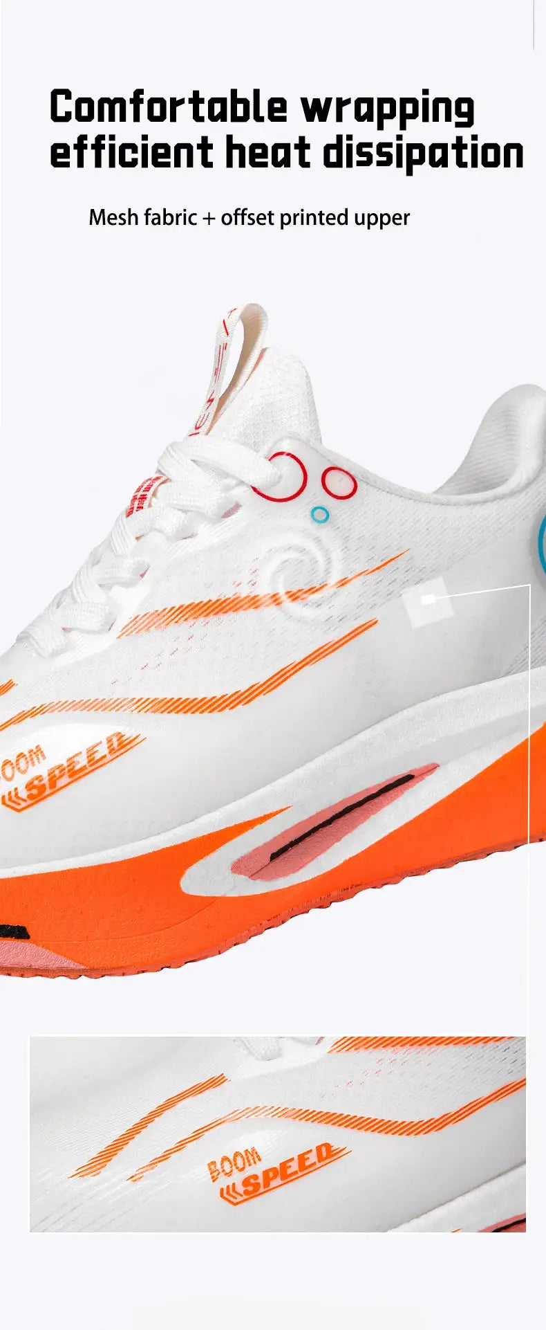 Unisex carbon plate running shoes, white with orange accents, breathable lightweight