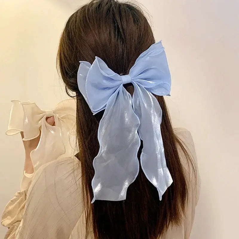 Elegant Blue Satin Chiffon Bow Hair Clip Barrette For Women And Girls With Shiny Bow Knot Accessory