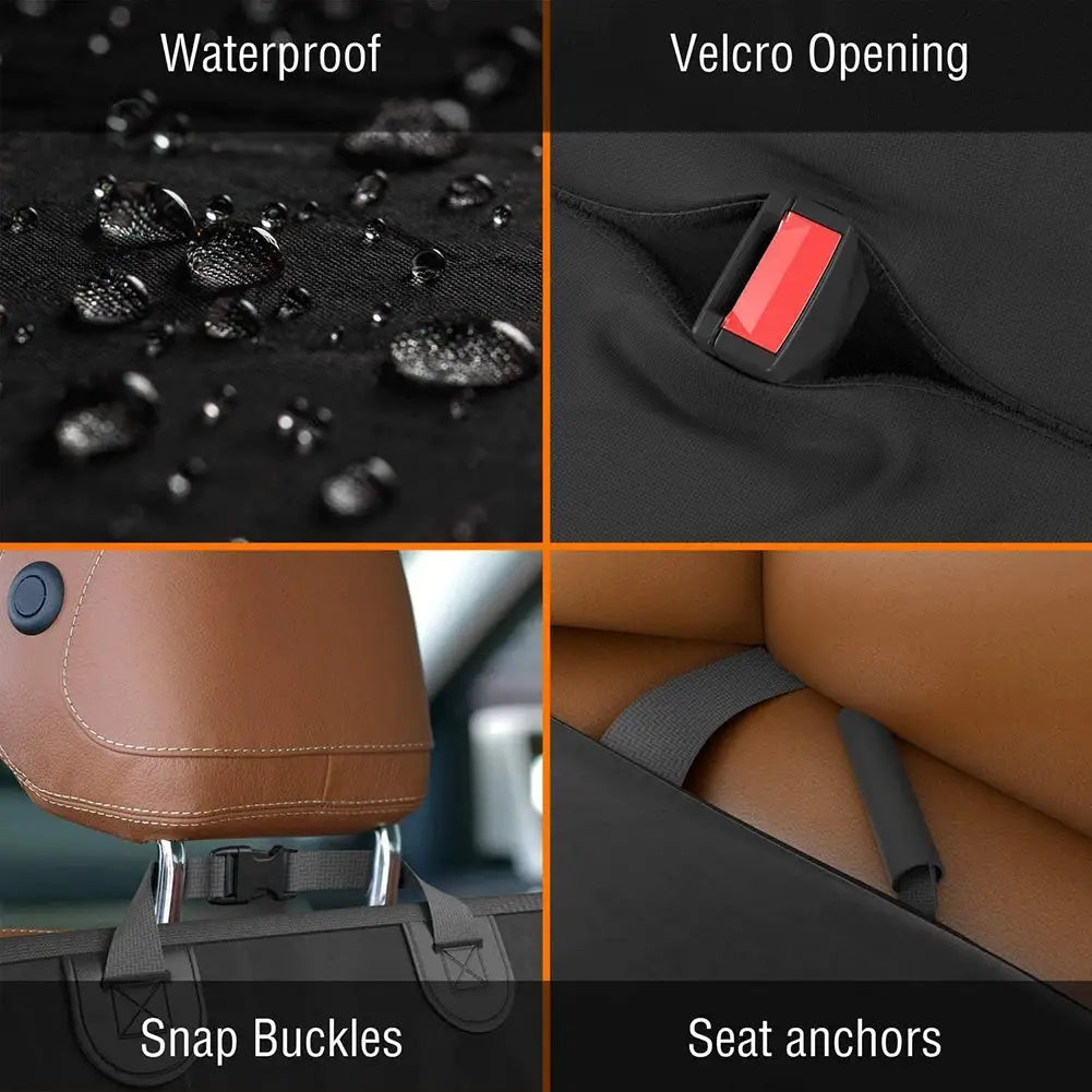 Dog car front seat cover by Simples Market; black waterproof, non-slip with velcro, snap buckles, and seat anchors.