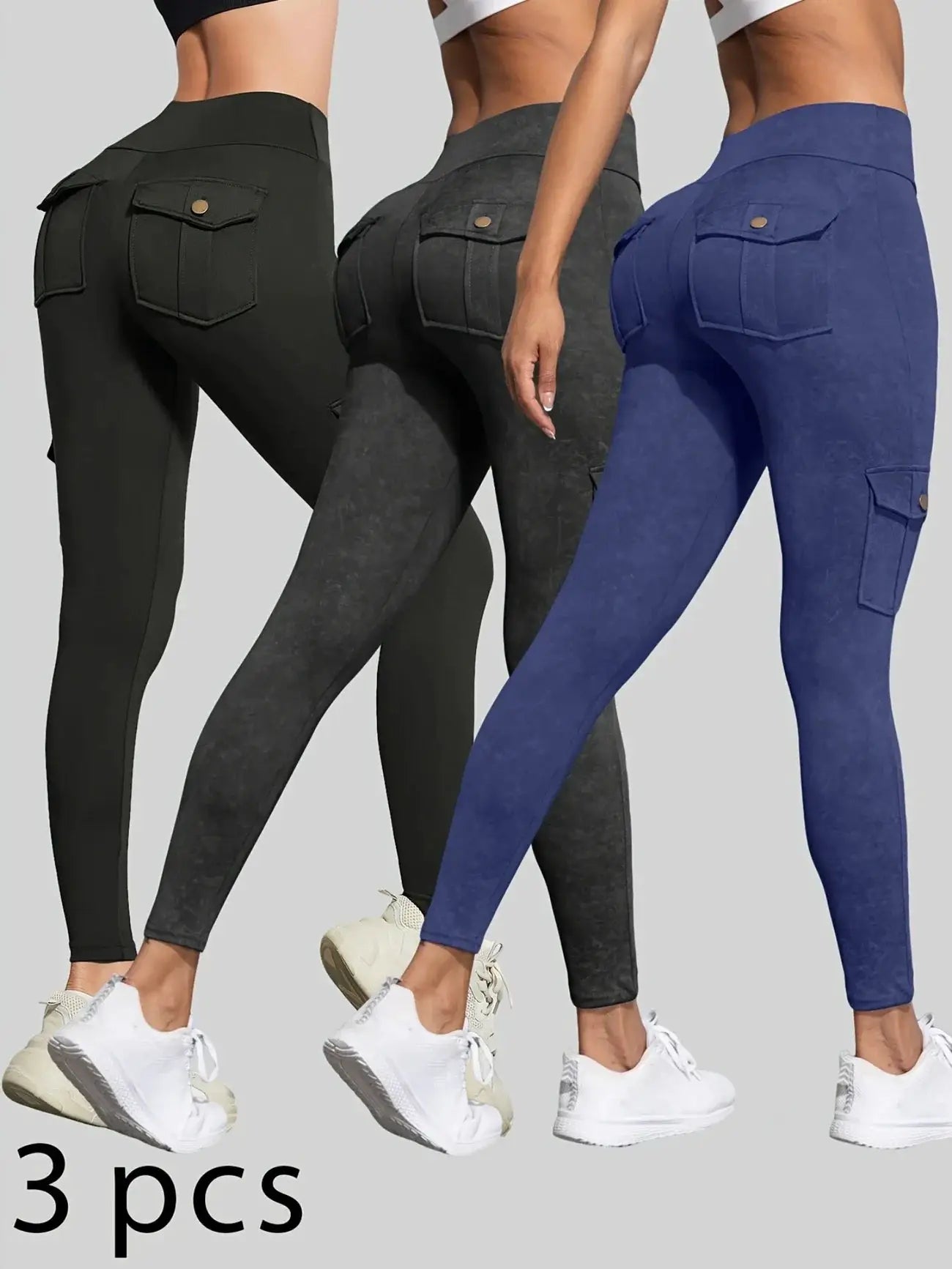 Simples Market women's 3-pack washed-print cargo-pocket leggings; butt-lifting athletic tights in black, gray, and blue.