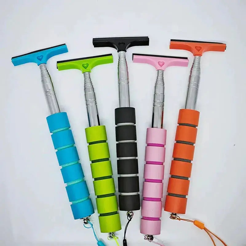 Car window cleaning brush set with telescopic handles and foam grips in blue, lime, black, pink, and orange (5 pcs)