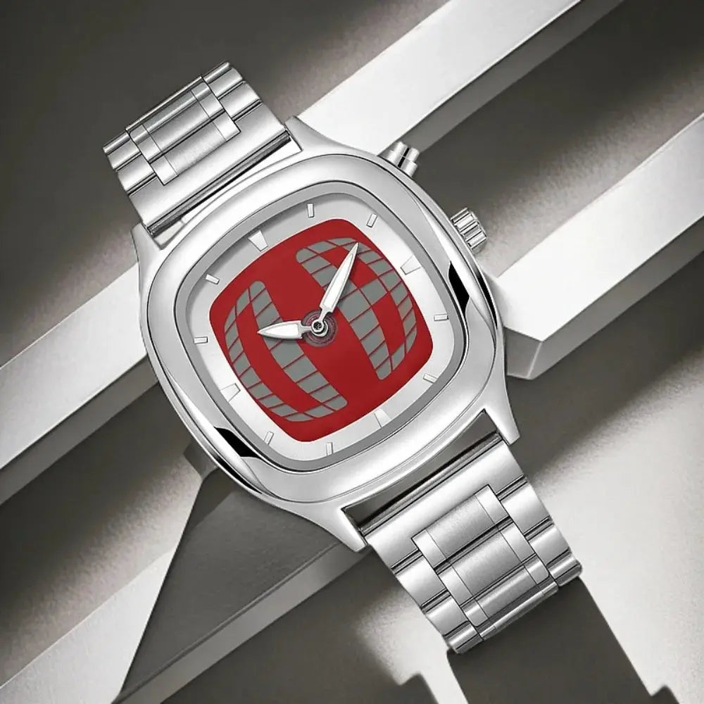 Men's stainless steel wristwatch with silver case and bracelet, red dial.