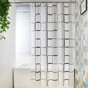 Simples Market 1pc shower curtain, PEVA waterproof, white with black geometric rectangle pattern.