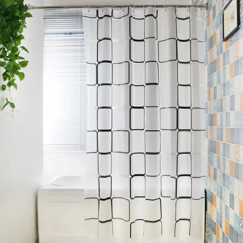 Simples Market 1pc shower curtain, PEVA waterproof, white with black geometric rectangle pattern.