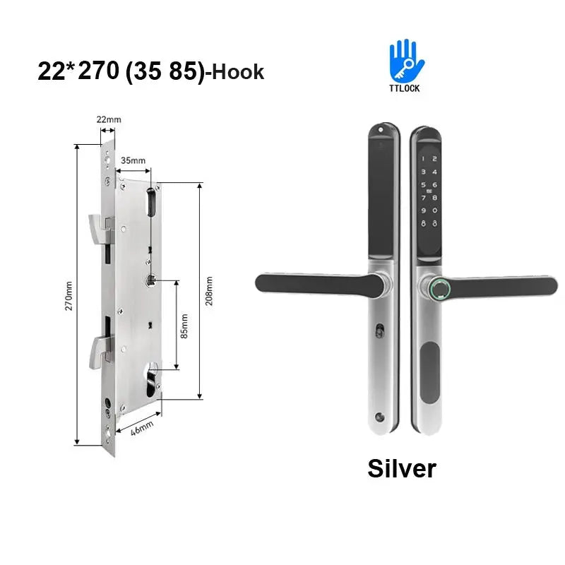 Sliding door smart lock, slim 2.8cm, waterproof, silver; TTLock app compatible with fingerprint/password/IC card