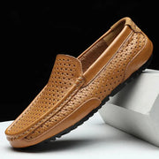 Men's tan leather loafers with woven hollow-out upper, slip-on driving style and black rubber outsole