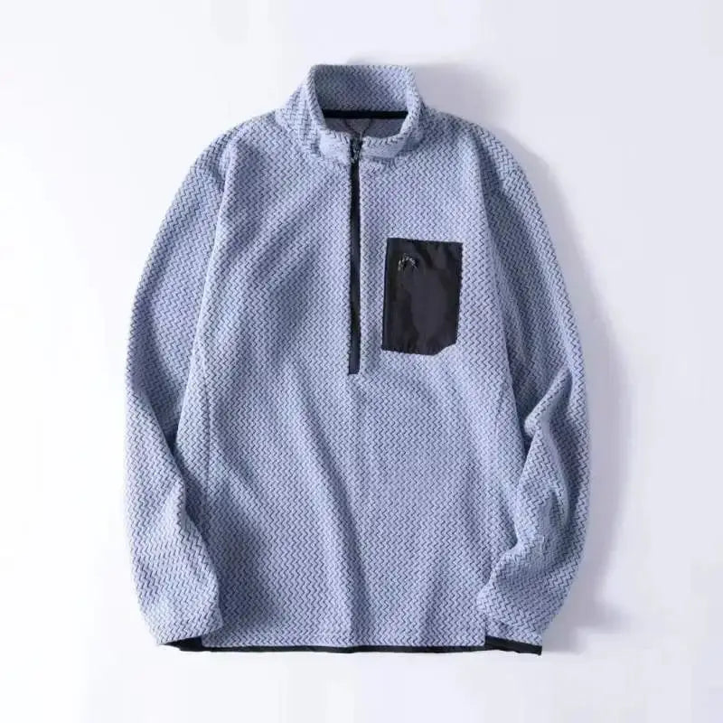 Simples Market fleece pullover, long-sleeve, half-zip, light gray with black chest pocket and wavy texture