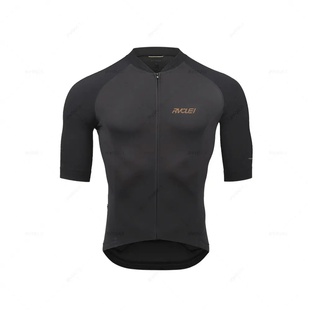 Cycling jersey, men's, black and dark gray, breathable pro team with front zipper, short sleeves.