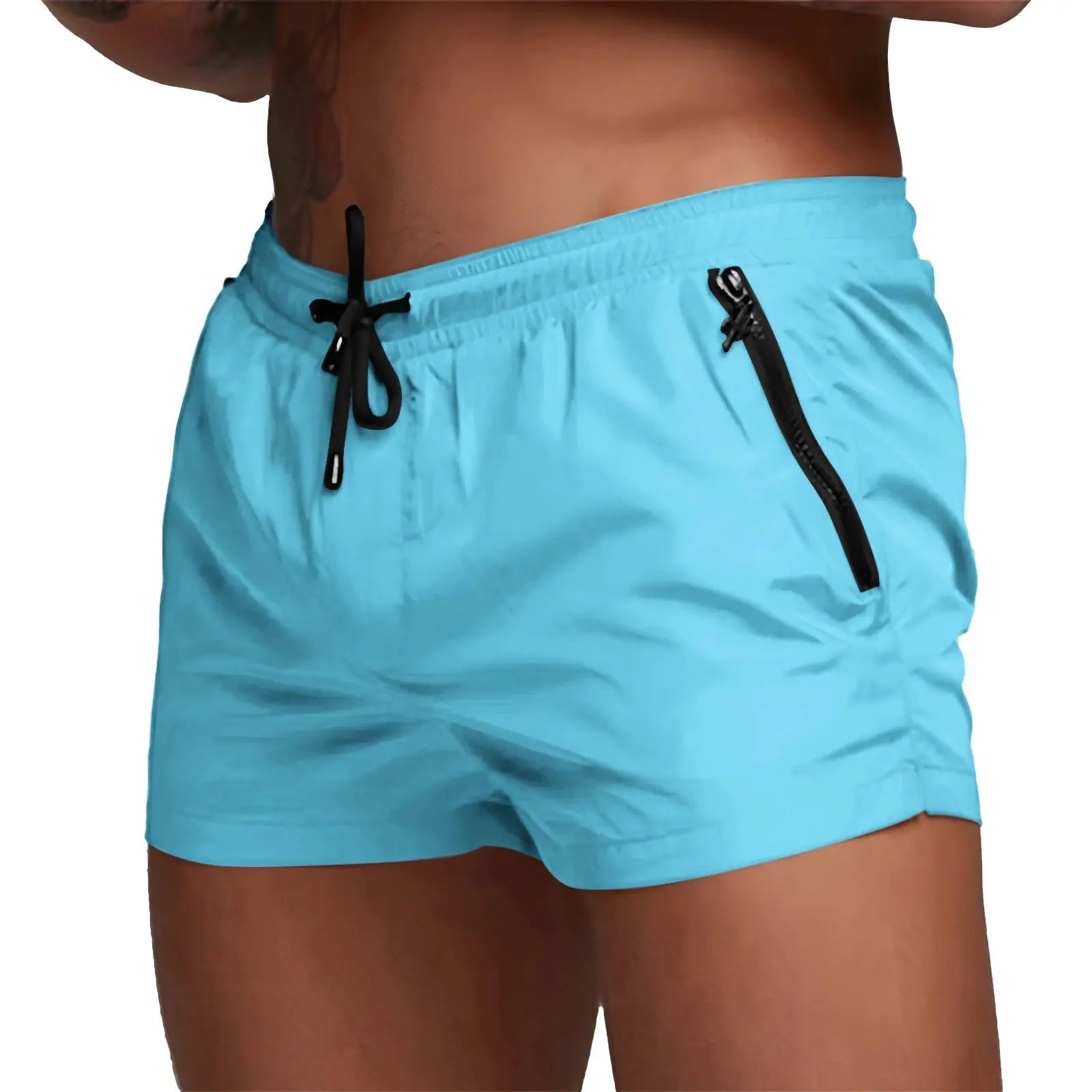 Men's light-blue swim trunks with black drawstring and side zip pocket