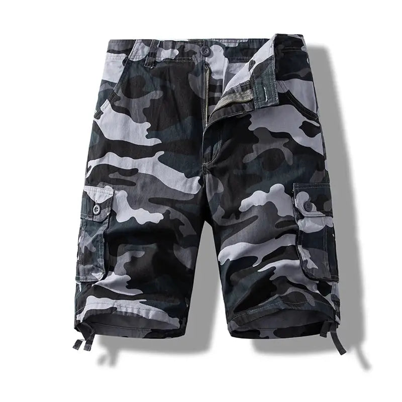 Men's camouflage cargo shorts by Simples Market, cotton fabric with multiple pockets and drawstring hems
