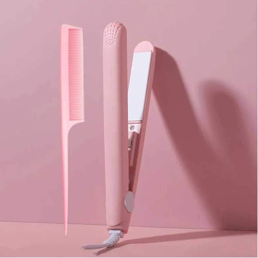 Pink ceramic flat iron hair straightener with floating plates and pink comb by Simples Market