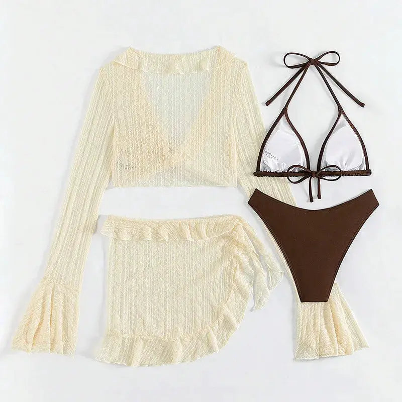 2026 Four Piece Women Swimsuit With Long Sleeve Cover Up Solid Bikini Set For Brazilian Beachwear Summer Parties