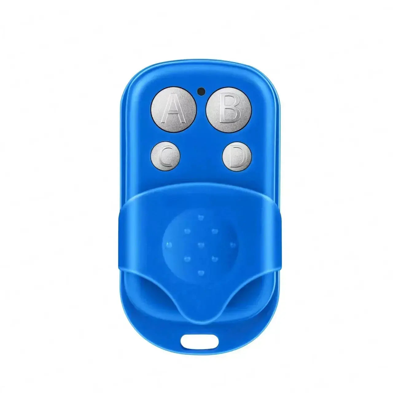 Universal garage door opener remote in blue with four metal buttons labeled A B C D