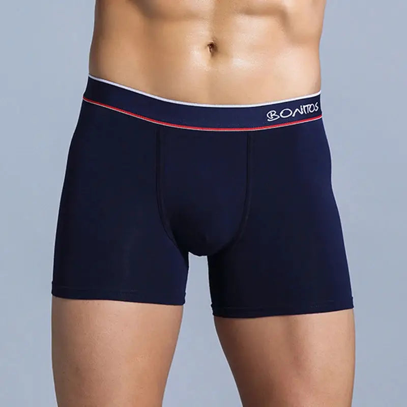 Navy cotton men's boxer briefs with white waistband and red stripe, BONITOS logo.