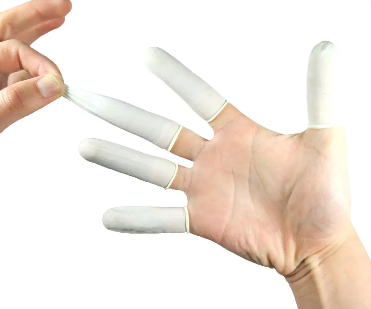 Five white latex finger cots for fingertip protection; natural rubber, non-slip, anti-static