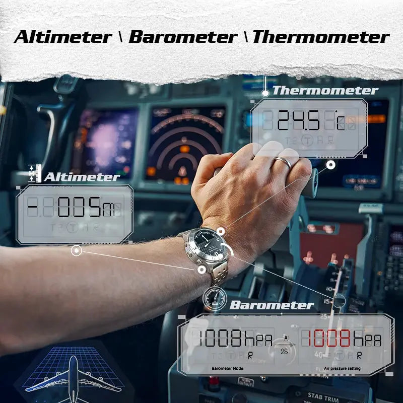NORTH EDGE men's digital sports watch on a pilot's wrist with steel bracelet, 50M waterproof, altimeter and barometer