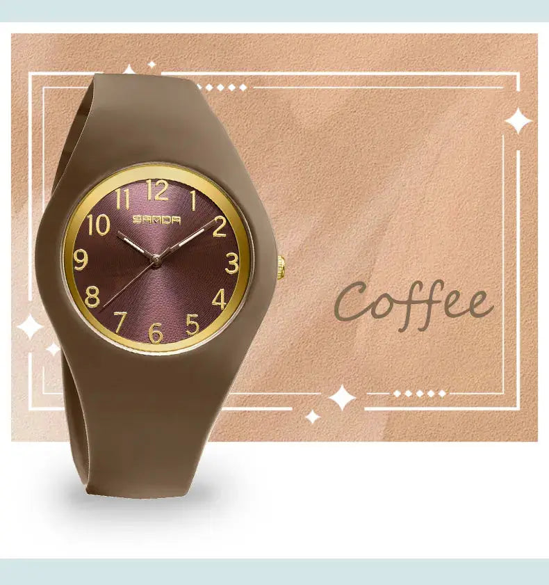 SANDA 6186 wristwatch with brown silicone strap and maroon dial with gold numerals