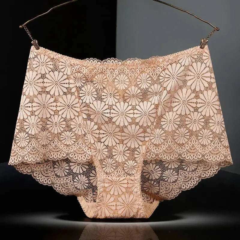 Beige high-waisted lace panties with floral pattern, women's lingerie