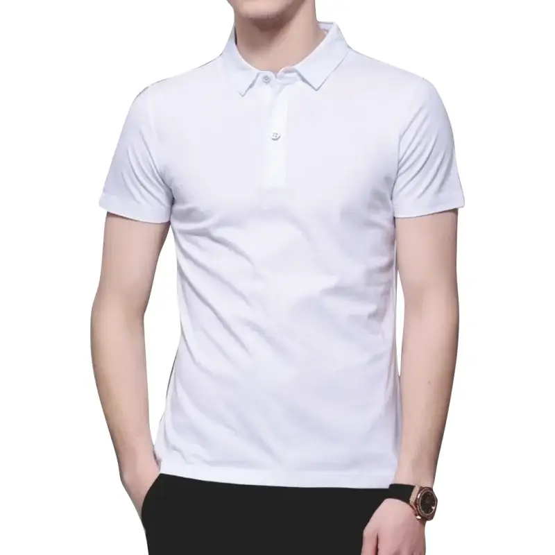Unisex white polo shirt with short sleeves and button placket